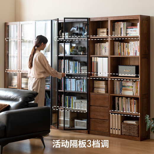 Genji Muyu solid wood bookcase simple modern study furniture oak storage cabinet living room with glass door three drawers semi-open cabinet