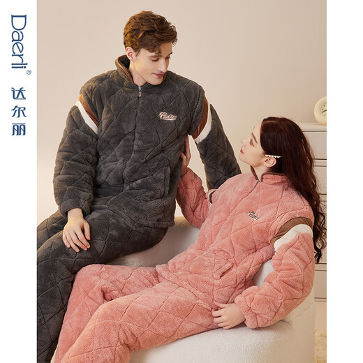 Dalli quilted couple's pajamas new three-layer thickened long-sleeved warm thickened quilted quilted home clothes for men and women suit T8237114-026-Orange Women L