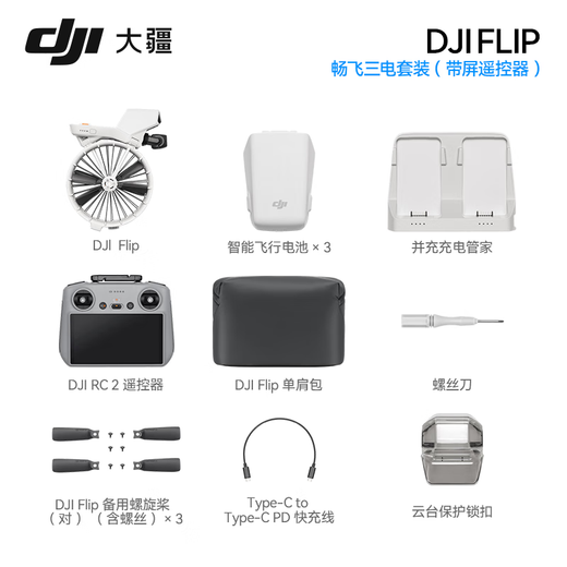 大疆（DJI）Flip 无人机 掌上全能 Vlog 航拍机户外露营旅游运动便携高清防抖AI智能跟拍迷你无人机 Flip 畅飞套装（三电&带屏遥控器） 一年版随心换（299元） 官方标配