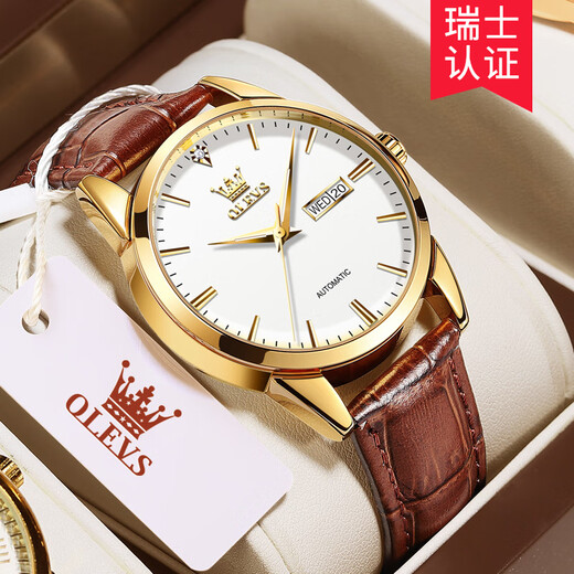 OLEVS Relojes de las diez mejores marcas con certificación suiza para mujer, reloj mecánico totalmente automático, reloj de mujer sencillo y elegante como regalo para esposa, versión mejorada 6629 para hombre - cuero marrón y esfera blanca