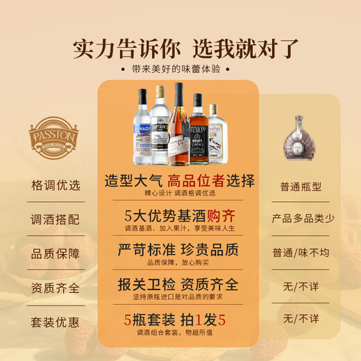 路易布兰登（LOUIS BRANDON）洋酒威士忌白兰地白朗姆酒金酒伏特加调酒基酒鸡尾酒5支组合套装