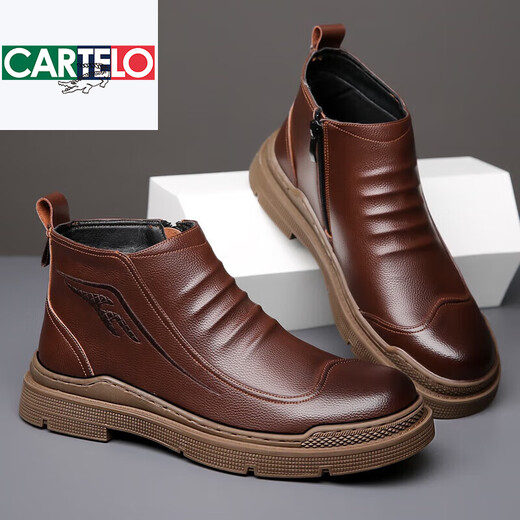卡帝乐鳄鱼（CARTELO）马丁靴男士冬季加绒真皮男鞋高帮保暖商务棉皮鞋套脚爸爸男靴 9758棕色加绒款 39