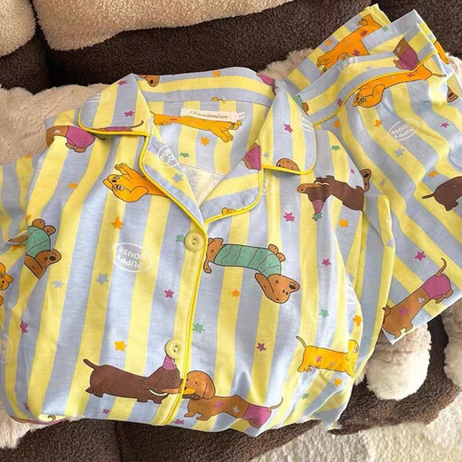 嘉绸网红卡通腊肠狗睡衣女春秋季长袖2025新款甜美可爱条纹开衫家居服 9207#双长条纹凯蒂猫 粉色 M 75-100斤