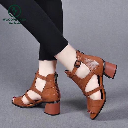 Pic 2025 Sandales romaines d'été pour femmes, talons épais, talons hauts à poisson, bottes courtes creux, chaussures en cuir à mi-nœuds, noir 37