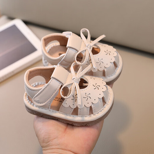 花丫花丫宝宝凉鞋夏季透气婴儿鞋防滑软底女童凉鞋可爱公主包头凉鞋学步鞋 叫叫鞋米色19码（内长13cm）