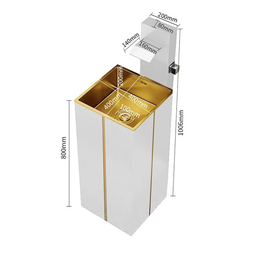 Stainless steel pedestal wash basin outdoor wash basin courtyard floor-standing pedestal basin home balcony outdoor pool white waterfall faucet pedestal basin (platinum)