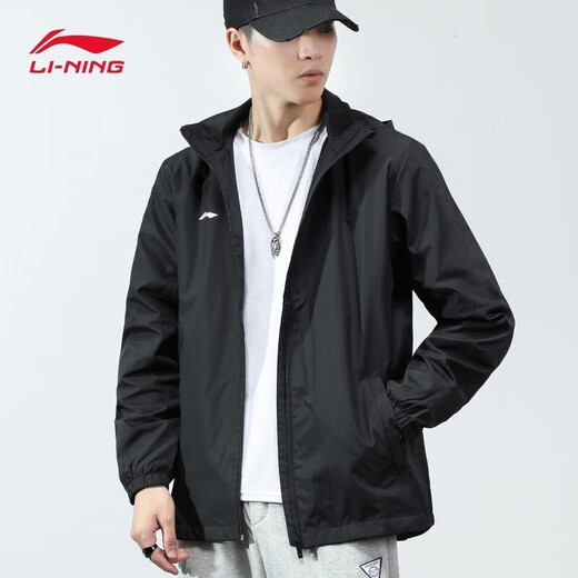 李宁（LI-NING）外套男春秋季款风衣女夹克户外防泼水冲锋运动服保暖防风透气上衣 经典黑 L