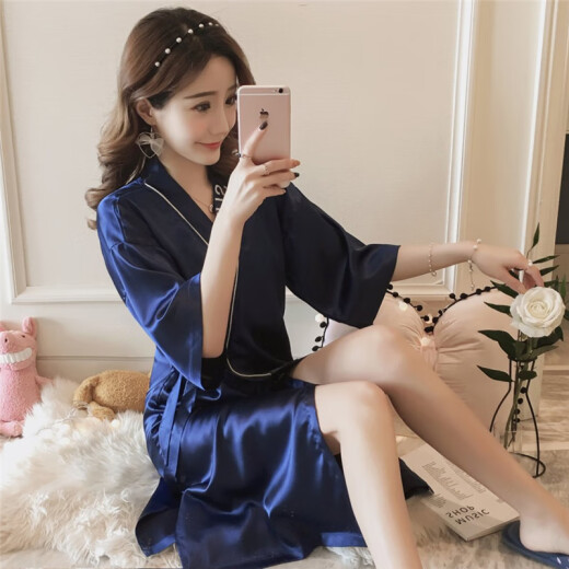 Mengyuanduo Pyjamas für Frauen im Sommer Eis dünne Yukata Pyjamas Schnüreschlafe sexy Damen Kurzer Frühlings- und Herbst-Internet-Promi-Hauskleidung 9896 Dunkelgrau Nachthemd XL (116-135jin [Jin gleich 0,5 kg]))