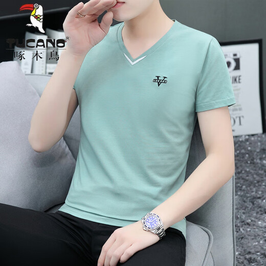 Woodpecker (TUCANO) short-sleeved T-shirt for men in summer solid color double V-neck pure cotton fashion Korean version solid color simple POLO half-sleeved popular base shirt pink 659 models 2XL