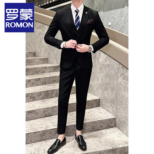ROMON suit suit men's three-piece groom's wedding dress business formal suit large size slim trendy plaid small suit light gray suit + trousers + vest L
