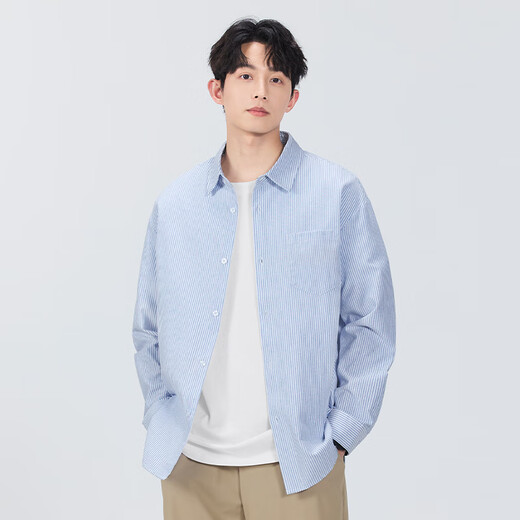MINISO Oxford Spun Striped Long-Sleeved Shirt for Men 2026 Spring with Cuban Collar Jacket Trendy Brand Loose Boyish Shirt Oxford Spun Long-Sleeved Striped Gray and White Strips 2XL /185 (Weight 160-180Jin Jin is equal to 0.5 kg)