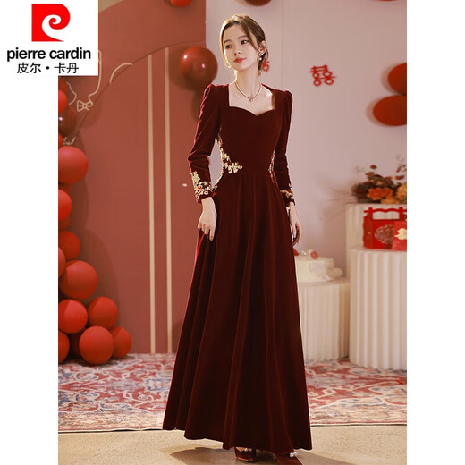 Pierre Cardin 23 New Toast Wear Bridal Red Wedding Winter High-end Velvet Engagement Dress Long Sleeve Autumn and Winter Women Burgundy L