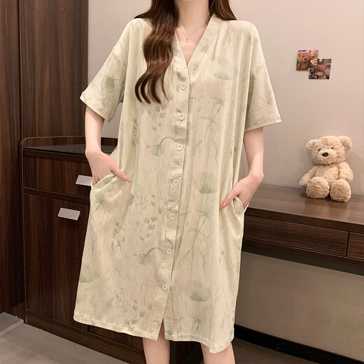 另约新中式睡裙女带胸垫夏季短袖复古风高级感睡衣连衣裙春秋款家居服 5155 绿色花朵 带胸垫 XXL