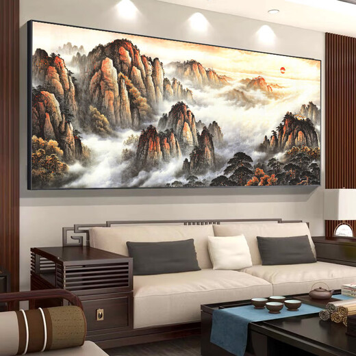2025新款挂画有山无水靠山图装饰画办公室山水风景画客厅背景字画 CT-3887【背有靠山】 【防水油画布】长300高120cm 【尊贵黑】