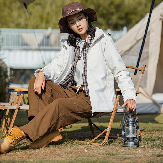 Western Camel VANCAMEL Trench Coat Jacket Women's Plus Fleece Thickened Short Jacket Windproof Warm Jacket Hooded Soft Shell Working Single-layer Shock Clothes 9930S-2 Ginkgo White-Women [Camo] XL