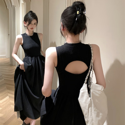 Ono seven days black sleeveless French little scent style dress for women in summer retro temperament Hepburn pure temperament high-end long skirt French retro dress L