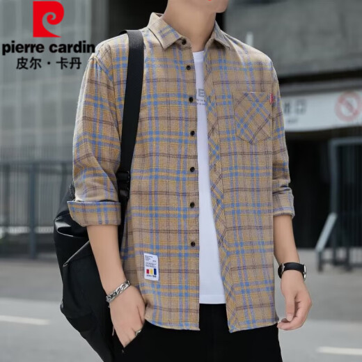 皮尔卡丹（pierre cardin）格子休闲衬衫男士春秋季长袖衬衣韩式上衣服复古宽松夏季薄款外套 K12109绿色（ 加绒 M 90-110斤