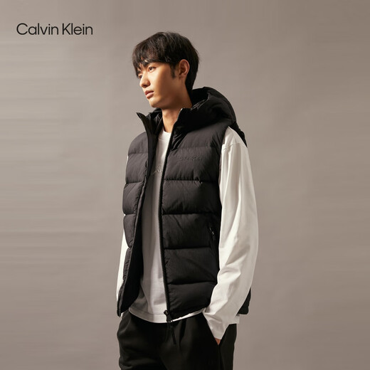 Calvin Klein sports outdoor waterproof autumn and winter men's simple ck embroidered duck down quilted hooded down vest jacket BAE-space black L