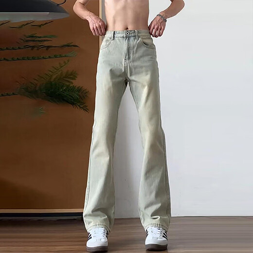 迪伽达美式复古黄泥牛仔裤微喇加绒牛仔裤男秋冬炸街秋季裤子男休闲直筒 DFFS-749黄泥色 M【建议95斤-110斤】