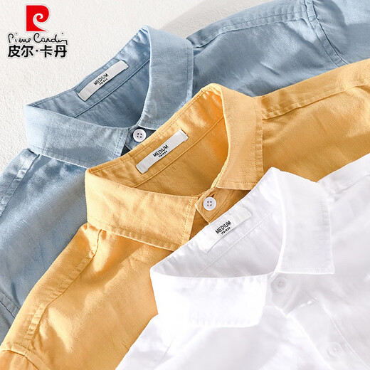 皮尔卡丹（pierre cardin）男士亚麻翻领短袖T恤宽松衬衫领上衣服有带领T棉麻料T恤麻布夏装 yunyi-9711黄色 L