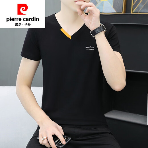 皮尔卡丹（pierre cardin）父亲节夏装新款纯色纯棉男短袖t恤打底衫V领体恤半袖上衣服 杏色qy691 XL 120-135斤