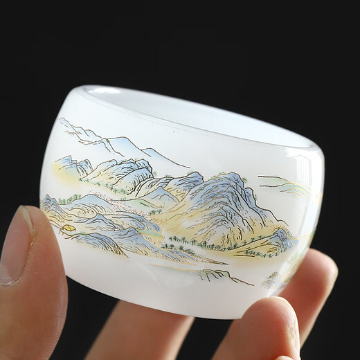 Beautiful and high-quality white jade glazed tea set Chinese style household jade porcelain Qianli Jiangshan light luxury Kung Fu tea set teapot one pot four cups Qianli Jiangshan covered bowl tea set white