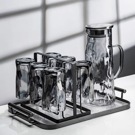 Chihiro Yazhi Creative Twist Cup Water Cup Set Home Living Room Hospitality Glass Good-looking Drinking Cup High Temperature-resistant Tea Cup Ash Twist Cup*6+Helicopter Pot+Cup Holder+Tray