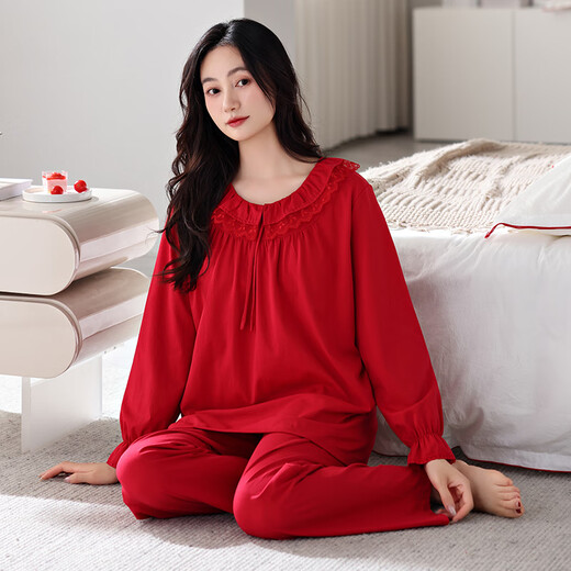 
Pony-female pajamas with chest pads for women in spring and autumn pure cotton long-sleeved lapels for women, mothers can wear lycra cotton home clothes set 687 crimson (with chest pads) M [150-160CM/90-110Jin[Jin equals 0.5 kg]]
