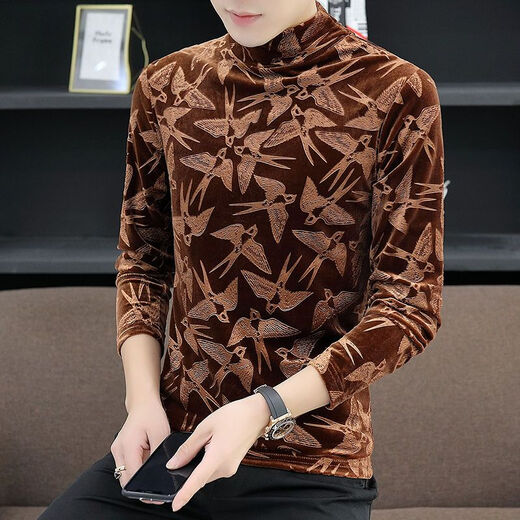 
NUKM gold velvet men's long-sleeved T-shirt in autumn and winter half-high neck base shirt trendy and handsome trendy warmth plus velvet thickened trend 691 swallow brown plus velvet 3XL 150-170Jin [Jin equals 0.5 kg]