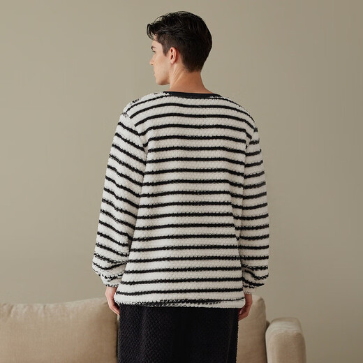 Fenten Couple Pajamas Fan Chengcheng's Same Style Star's Same Style Autumn and Winter Double-sided Velvet Round Neck Striped Thickened Home Clothes Set Black and White Stripes-Men's 2XL