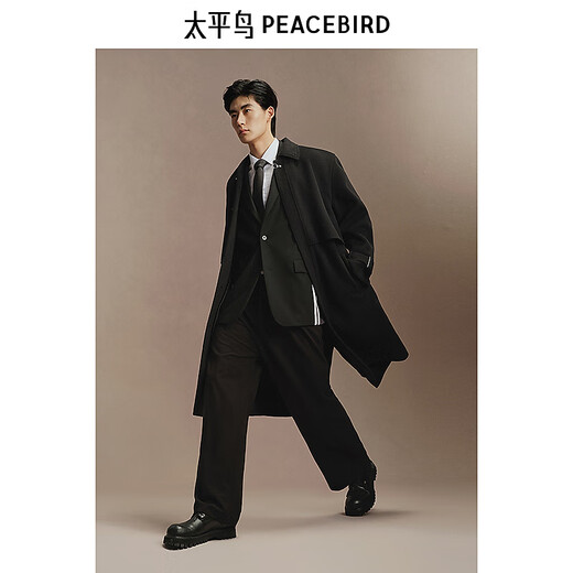 PeaceBird Men's Black Woolen Coat Mid longitud de invierno Mid longitud de lana de doble cara CABA NEGRA FIRM L