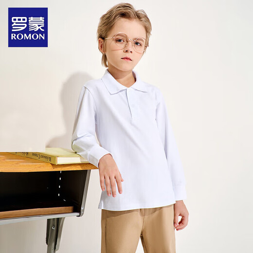 Luo Meng children's velvet polo shirt for boys and girls white T-shirt winter long-sleeved campus wear white velvet 140