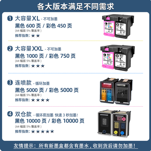 月辉适用惠普802墨盒大容量水黑彩色HP deskjet1050 1000 1010 1011墨盒 【黑色大容量】约600页-标准版