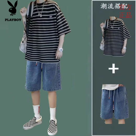 Playboy Striped Kurzärmeranzug Herren Sommer lässig und gutaussehende Kleidung mit trendigen T-Shirt-Denim-Shorts zweiteiler Set 9226 Black + 147 Denim Shorts Black Grey S