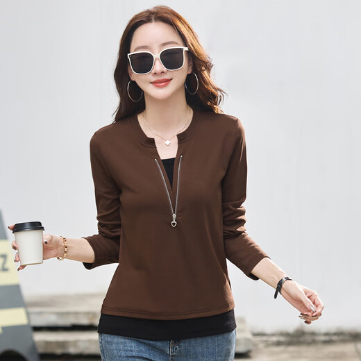 F1Maje1T DISEÑADOR DE ALTODA DEL ALGODAD DEL ALGODAD DEL COTHER falso de dos piezas Camiseta de manga larga para mujeres en V neck a principios de otoño nuevo color de contraste camisa de base suelta gris/9894 L [Sugerir peso 110-120 Jin [Jin iguala 0.5 kg]]]