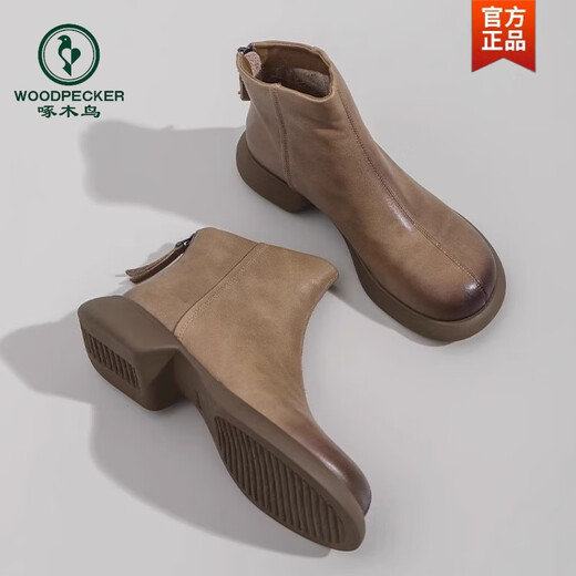 Woodpecker Broken Code Genuine Leather Retro Back Zipper Martin Boots Women's Single Boots 2025 Autumn and Winter New Short Boots Women's Khaki Velvet 37