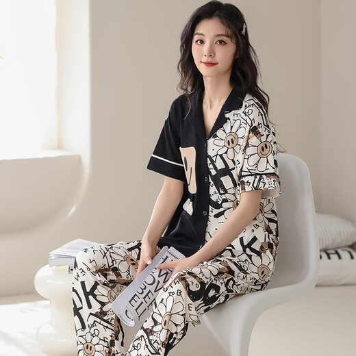 Modal 100% cotton pajamas for women in summer short-sleeved trousers pure cotton sweet and cute casual thin home clothing set AM693 women XL