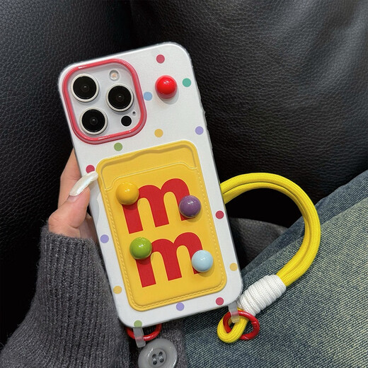 
Quansu cute three-dimensional M bean color polka dot card bag suitable for iPhone15 mobile phone case Apple 14promax new 13/12 soft shell women's wristband lanyard anti-fall mobile phone case [Colorful polka dot + three-dimensional M bean + wristband] iPhone15Promax
