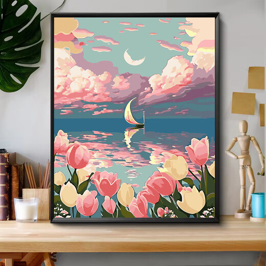 落日玫瑰数字油画diy花卉填色涂鸦手工手绘diy油彩画卧室装饰画 H1049月下郁金香 30*40实木内框+丙烯颜料+画笔