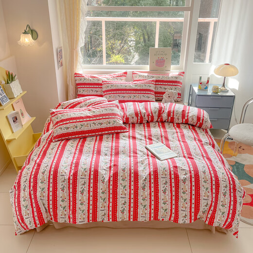 Taowei ins cotton bed four-piece set 100% cotton quilt cover cartoon dormitory bed sheet three-piece naked sleeping bedding red bunny 100% cotton skin-friendly naked sleeping 1.8m bed/sheet style four-piece set 200x230 quilt cover Taowei ins cotton bed four-piece set 100% cotton quilt cover cartoon dormitory bed sheet three-piece naked sleeping bedding red bunny 100% cotton skin-friendly naked sleeping 1.8m bed/sheet style four-piece set 200x230 quilt cover