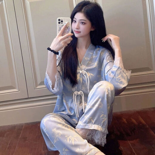 Modal ins style pajamas for women with button lace and long sleeves, spring and autumn style, new Chinese style printed home wear set HZX-8615 [high quality] XL [recommended 120-135 Jin [Jin equals 0.5 kg]]