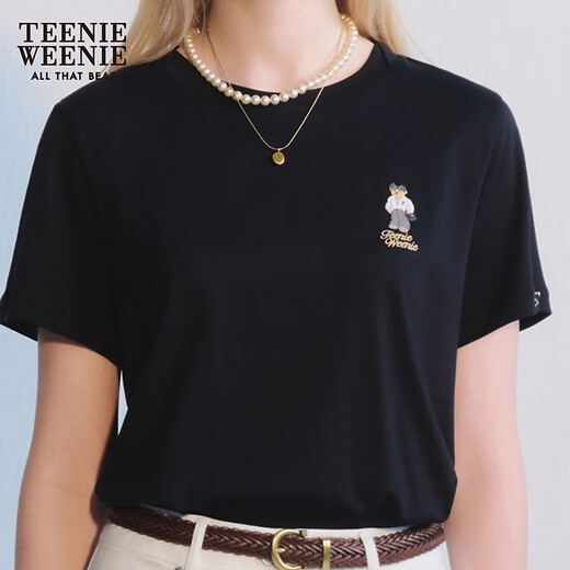 Teenie Weenie小熊女装夏季圆领短袖T恤简约时尚宽松松弛休闲上衣 黑色 160/S