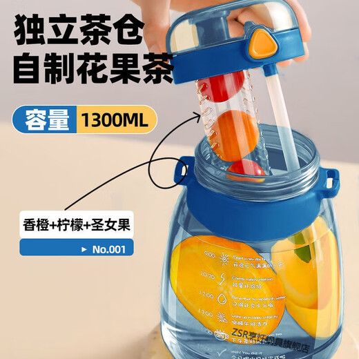 ZSR网红大肚杯双饮口儿童水壶夏季男士大容量顿顿桶水杯耐高温吸管杯 蓝1300毫升背带+刻 1300ml 加厚耐热120度单只装+茶