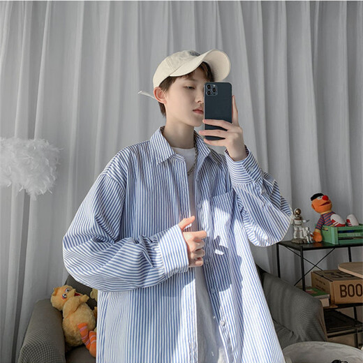 Bai Mingchen Blue und White Striped Shirt Herren neuer Herbst Longleved Trendy Shirt Hong Kong Style High-End-Freizeitpaar vielseitiger Jacke Blau L [Vorgeschlagen 110-130jin [Jin ist gleich 0,5 kg]]