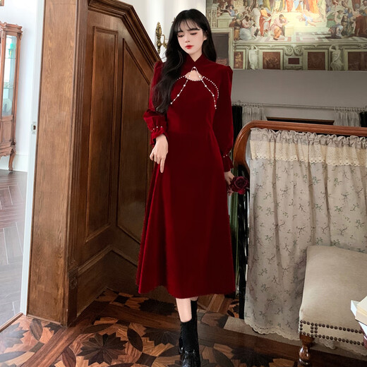 YIOU Cheongsam Toast Wear Bridal Autumn and Winter Engagement Evening Dress Skirt for Women Red Chinese Velvet Feel Autumn and Winter 3507 Red S