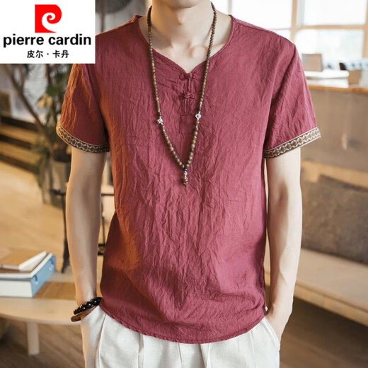 Pierre Cardin T-shirt en lin brodé pour hommes chinois de style chinois pour hommes à manches courtes à manches courtes de grande taille et en lin 686 noir 3xl noir 3xl