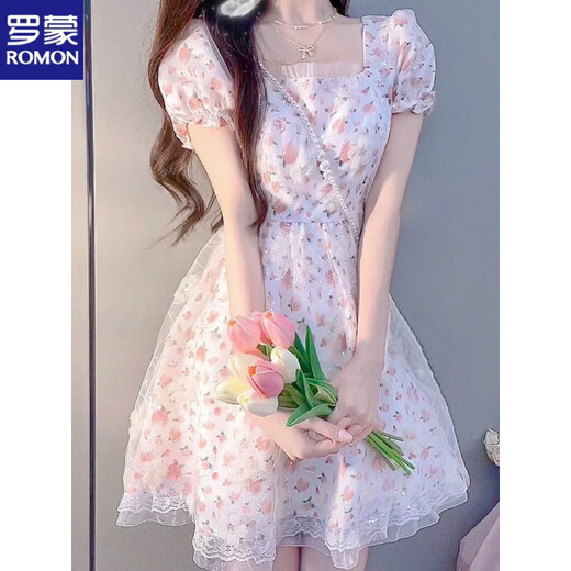 ROMON First Love Gentle Wind Puff Sleeve Puffed Sleeve Dress French Milk Sweet Floral Princess Skirt with a unique waist and beautiful summer White Floral [Stock Store Quality] L 100-120Jin [Jin equals 0.5 kg]
