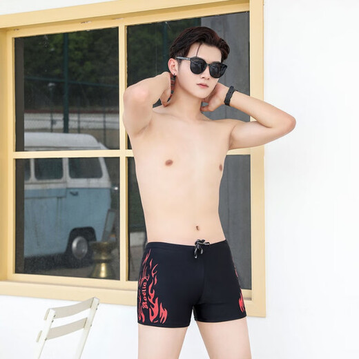 Yusenyi men's swimsuit, men's adult swimming trunks, children's boys, middle-aged and older students' sports quick-drying double-layer anti-embarrassment blue flame + cloth swimming cap + swimming goggles + nose clip earplugs one size fits all size l70-90 Jin Jin equals 0.5 kg