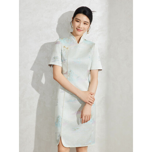粉蓝衣橱国风感山水提花旗袍连衣裙女2024早秋浮雕礼服5A3L838 香草杏 S