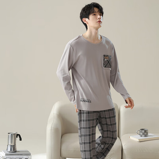 Langsha pajamas men 100% pure cotton long sleeve men's home clothes autumn and winter comfortable cotton men's pajamas pajamas and pants suit 16780 L